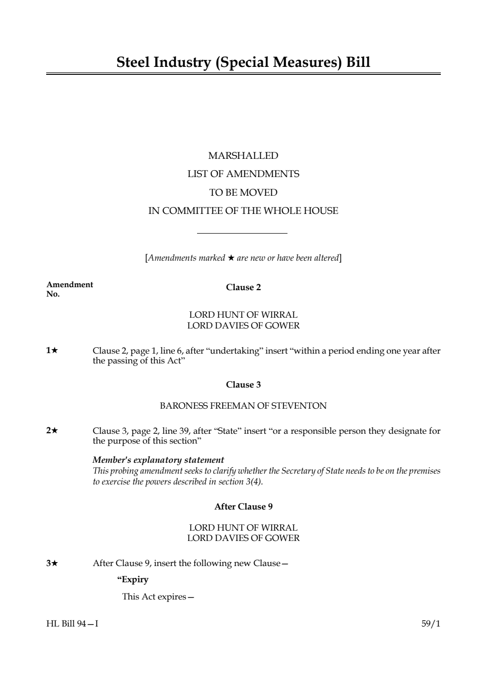 Steel Industry (Special Measures) Bill Marshalled List of amendments to be moved in Committee of the Whole House