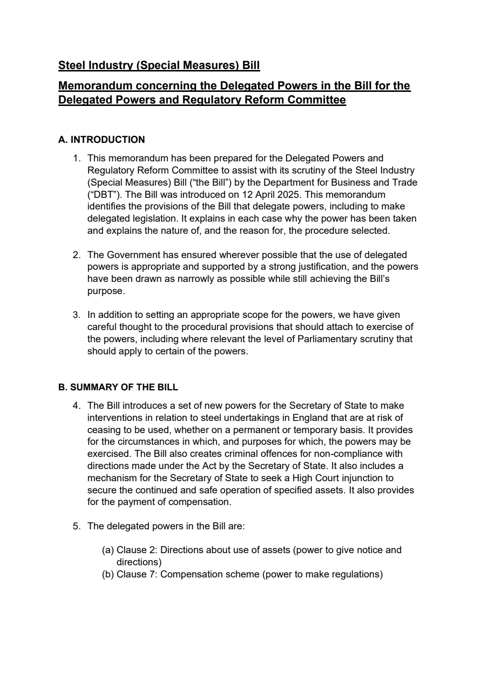 Steel Industry (Special Measures) Bill - Memorandum concerning the Delegated Powers in the Bill for the Delegated Powers and Regulatory Reform Committee