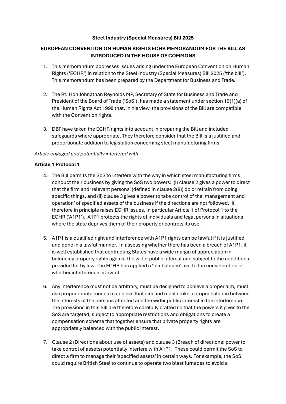 Steel Industry (Special Measures) Bill - European Convention on Human Rights ECHR Memorandum