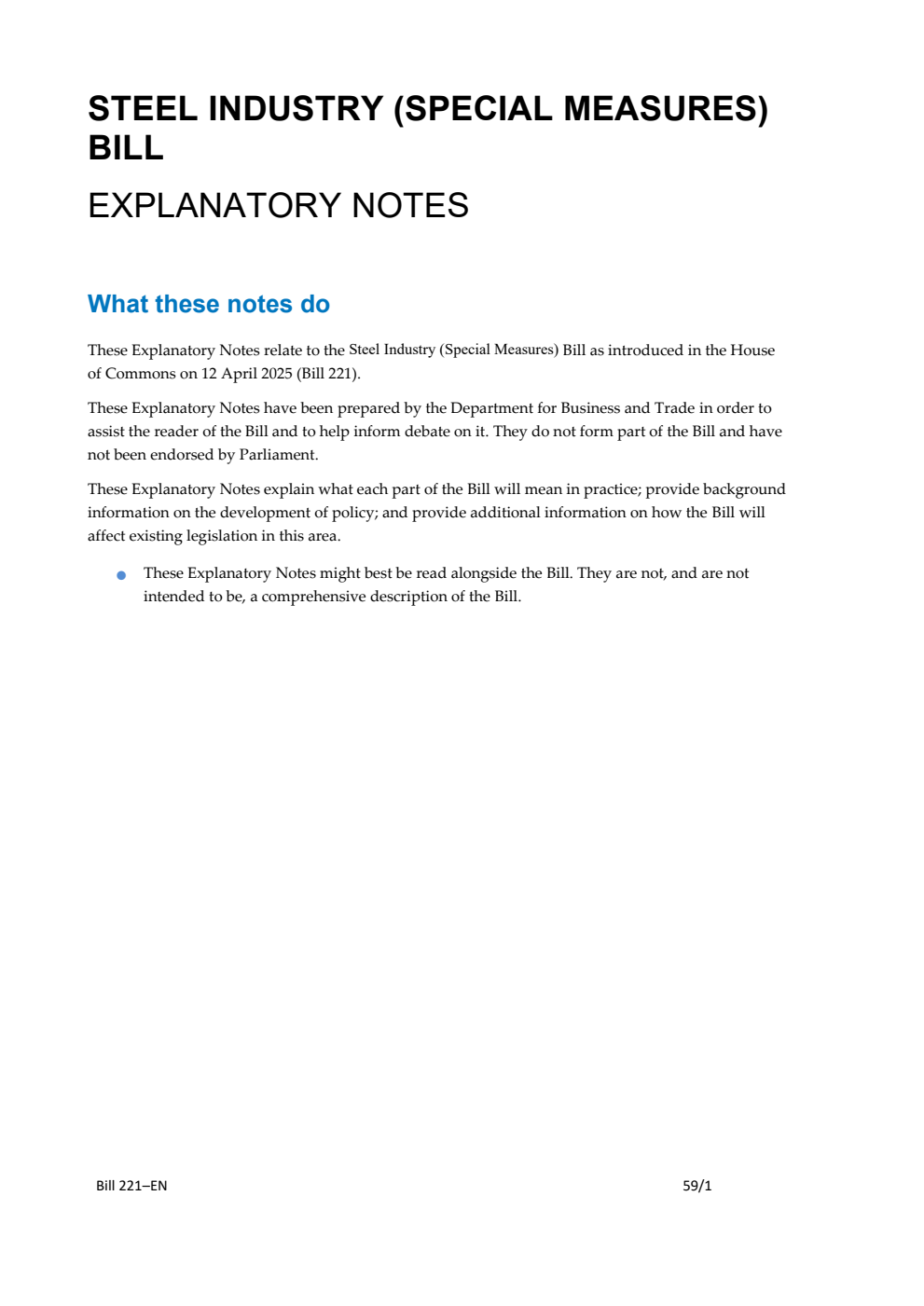 Steel Industry (Special Measures) Bill Explanatory Notes