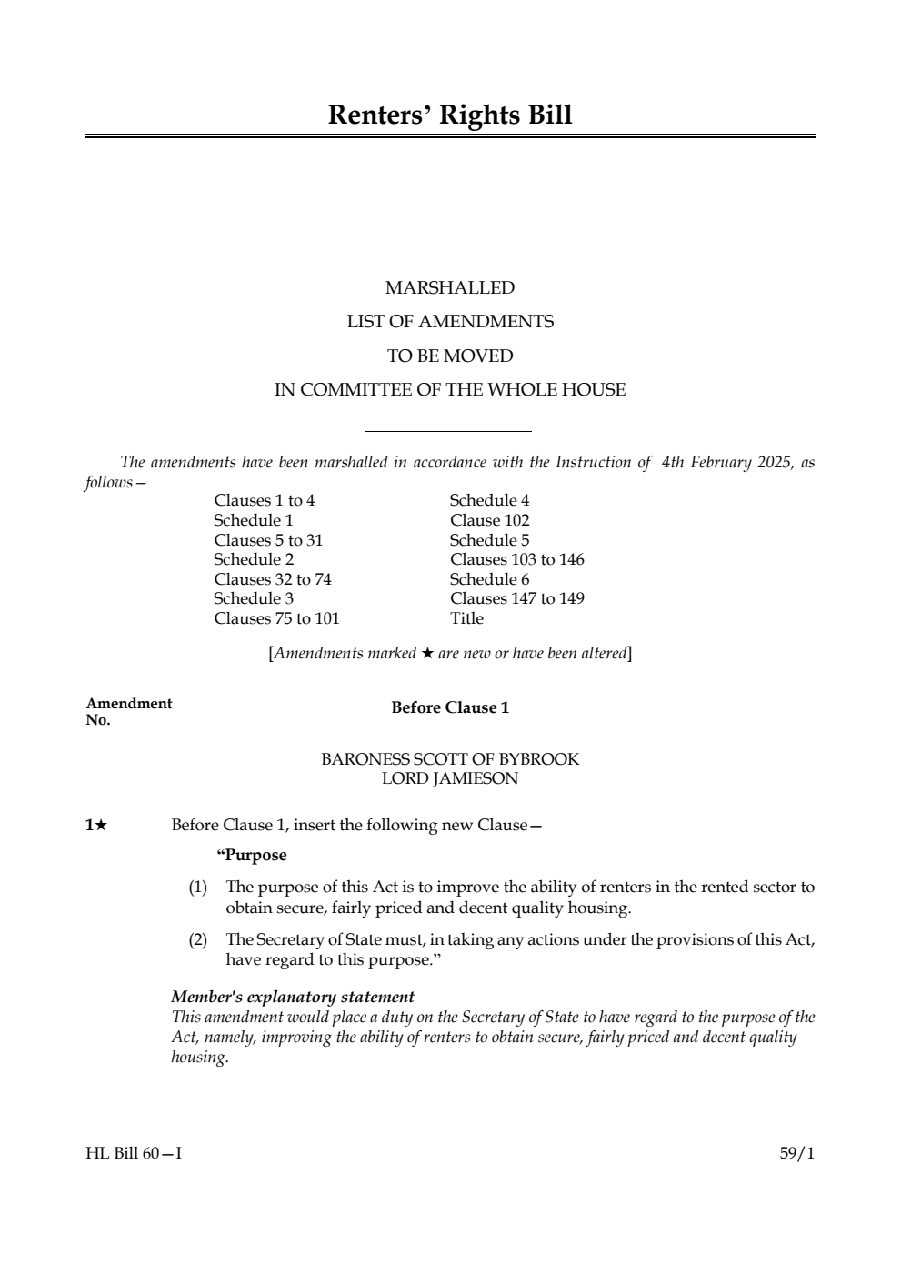 Renters’ Rights Bill Marshalled List of amendments to be moved in Committee of the Whole House