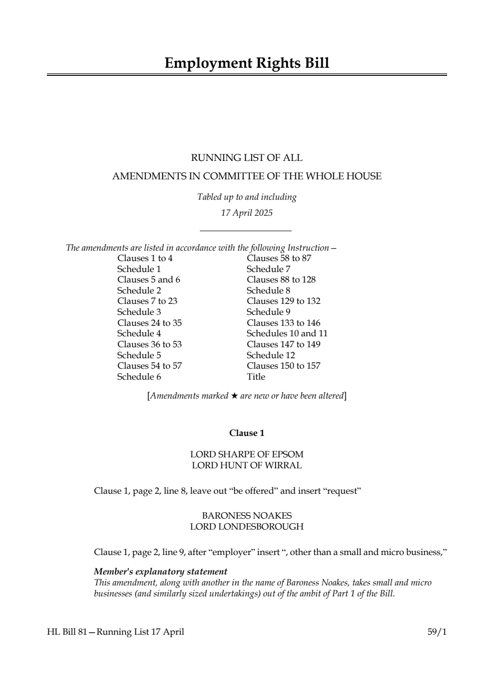Employment Rights Bill Running List of all amendments in Committee of the Whole House tabled up to and including 17 April 2025