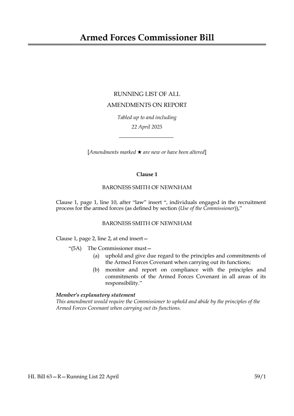 Armed Forces Commissioner Bill Running List of all amendments on report tabled up to and including 22 April 2025