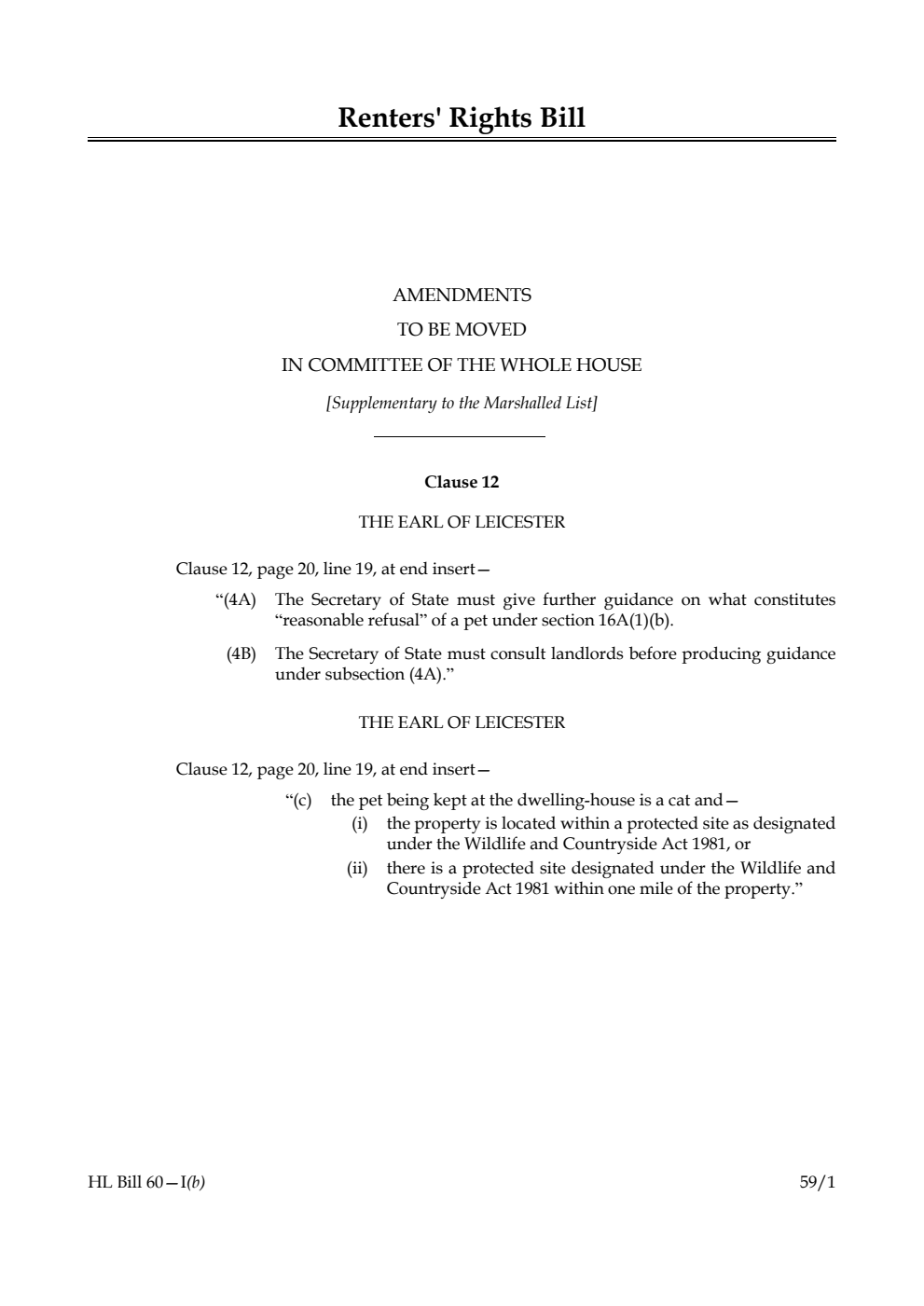 Renters' Rights Bill Amendments to be moved in Committee of the Whole House [Supplementary to the Marshalled List]
