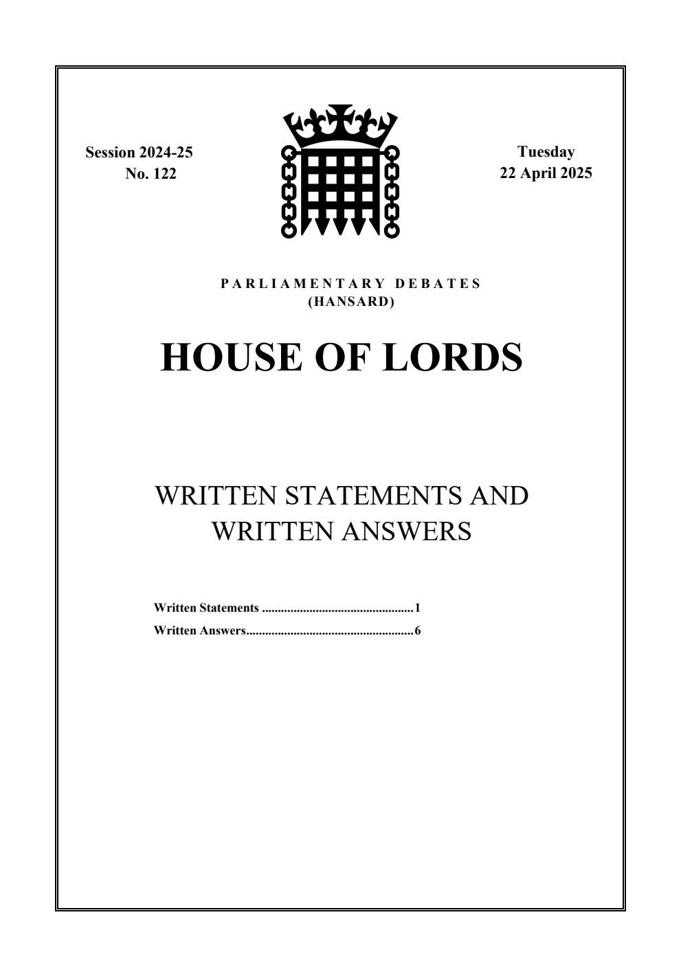 HOL Daily Report Written Statements and Answers 22.04.25