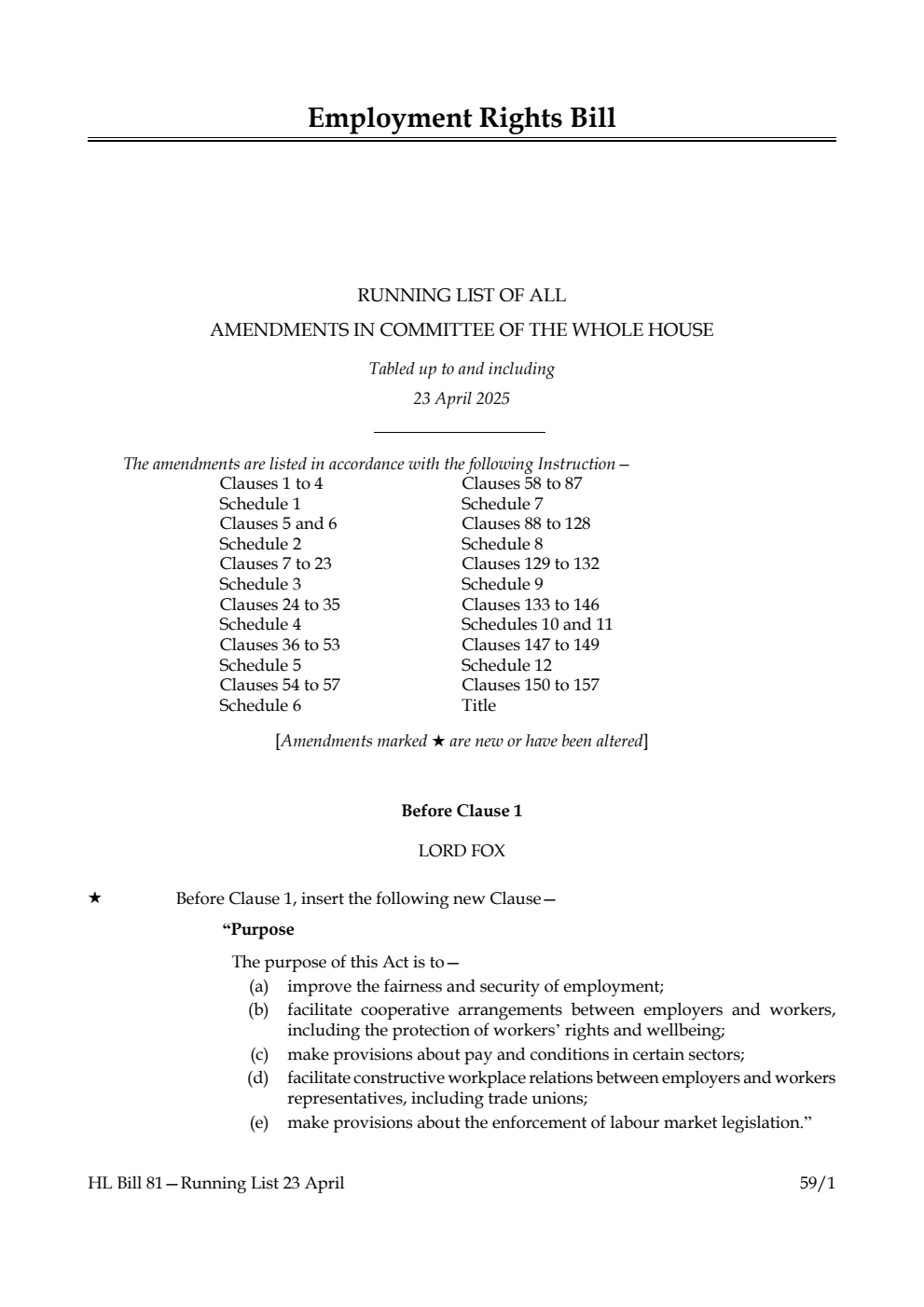 Employment Rights Bill Running List of all amendments in Committee of the Whole House tabled up to and including 23 April 2025
