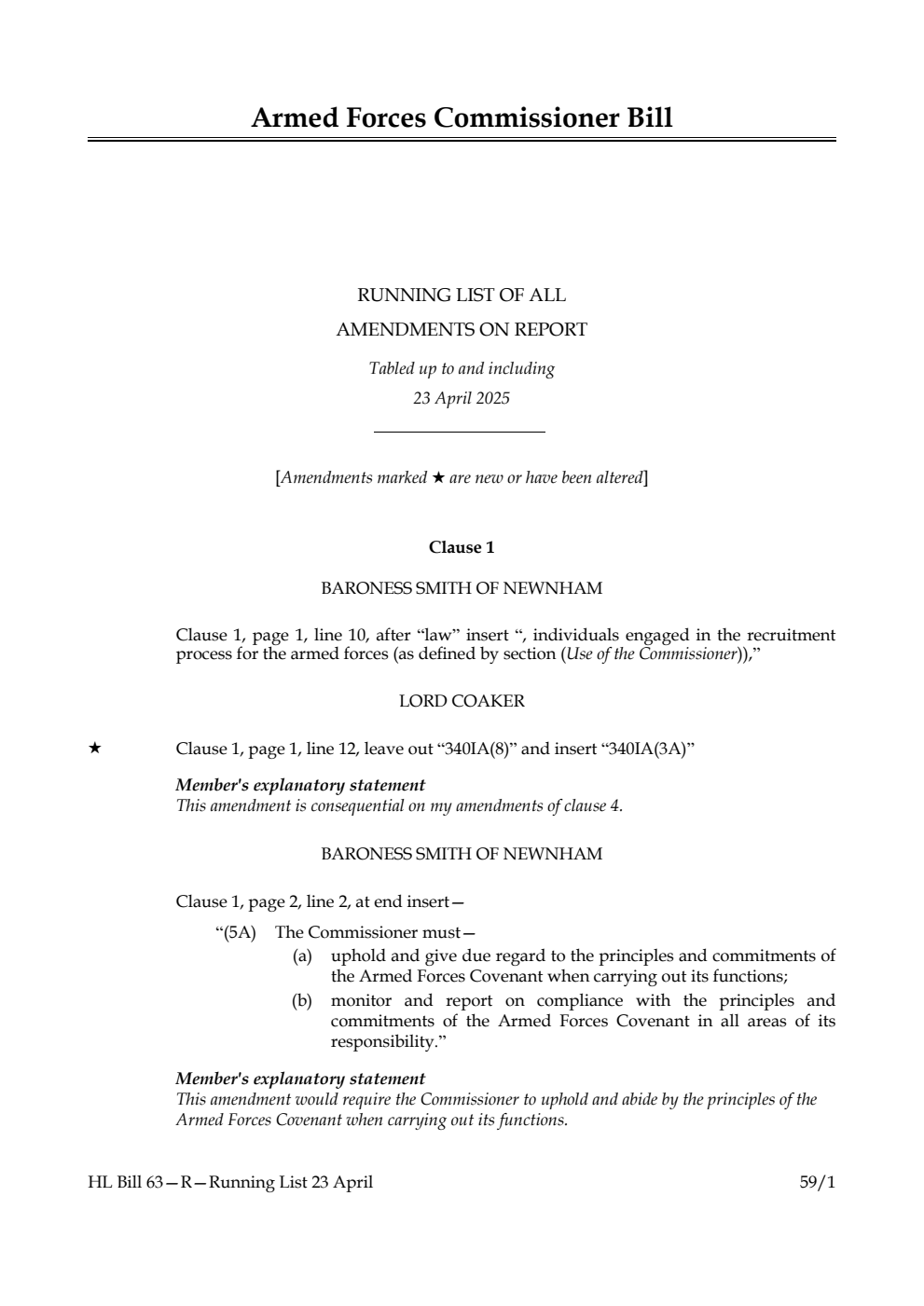 Armed Forces Commissioner Bill Running List of all amendments on report tabled up to and including 23 April 2025