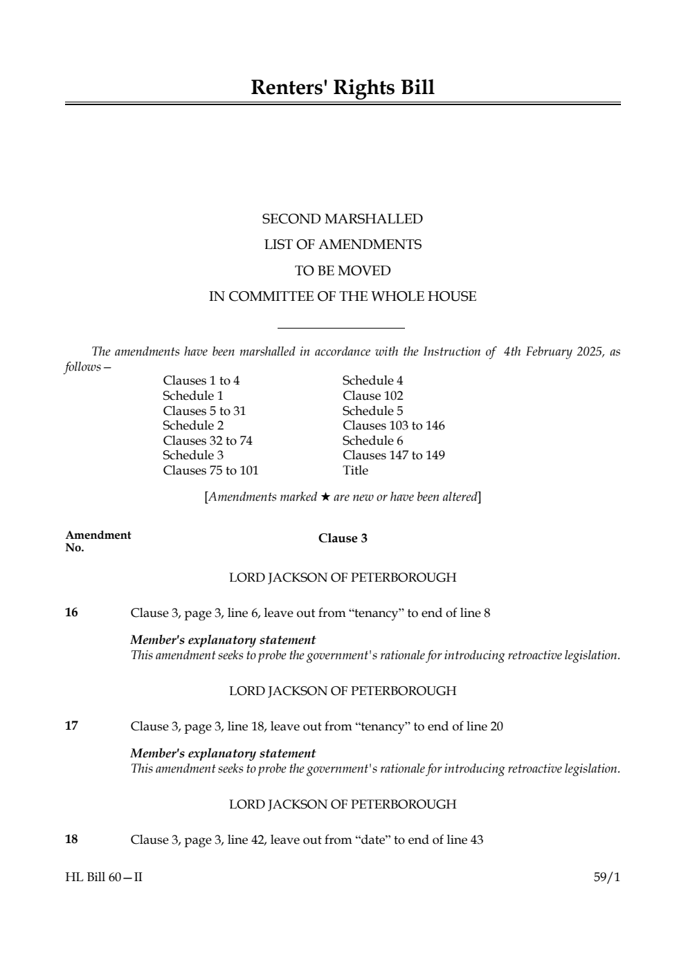 Renters' Rights Bill Second Marshalled List of amendments to be moved in Committee of the Whole House