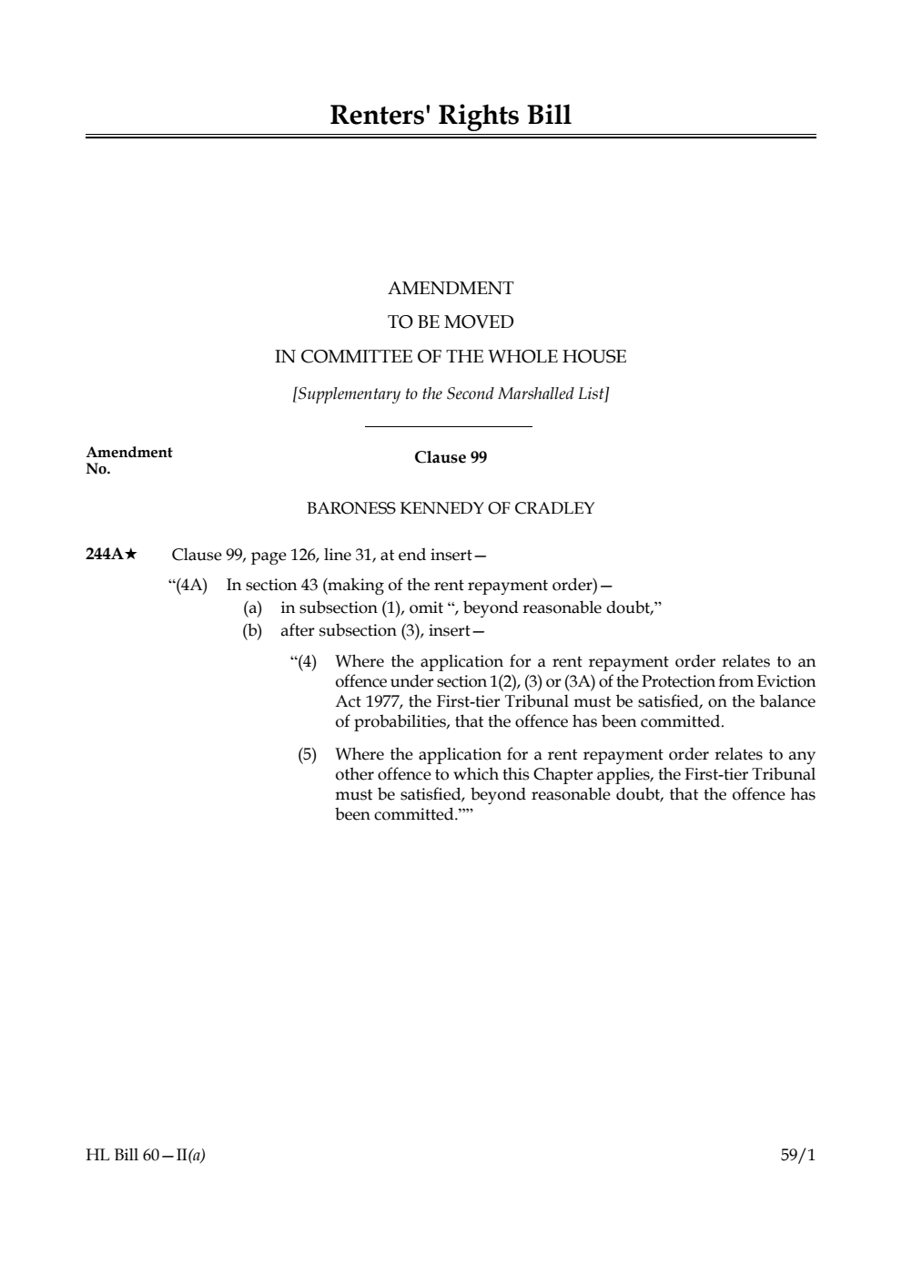 Renters' Rights Bill Amendment to be moved in Committee of the Whole House [Supplementary to the Second Marshalled List]