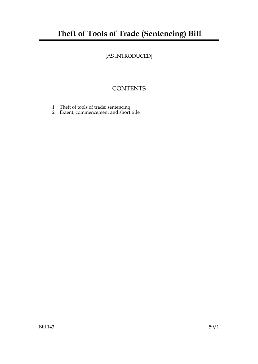 Theft of Tools of Trade (Sentencing) Bill
