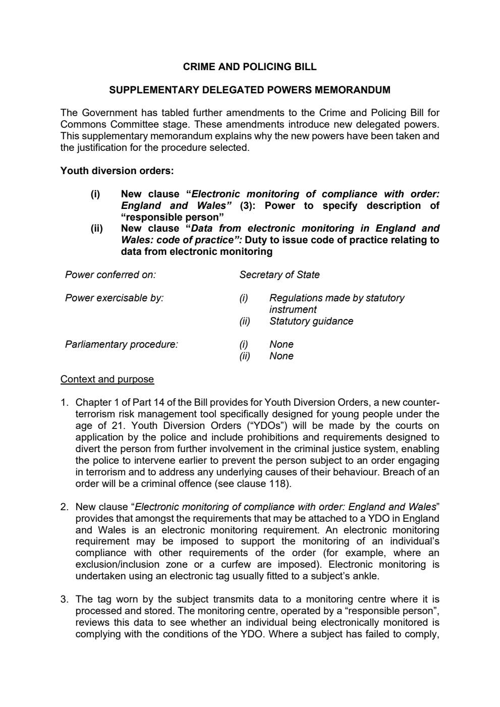 Crime and Policing Bill - Supplementary Delegated Powers Memorandum. April 2025