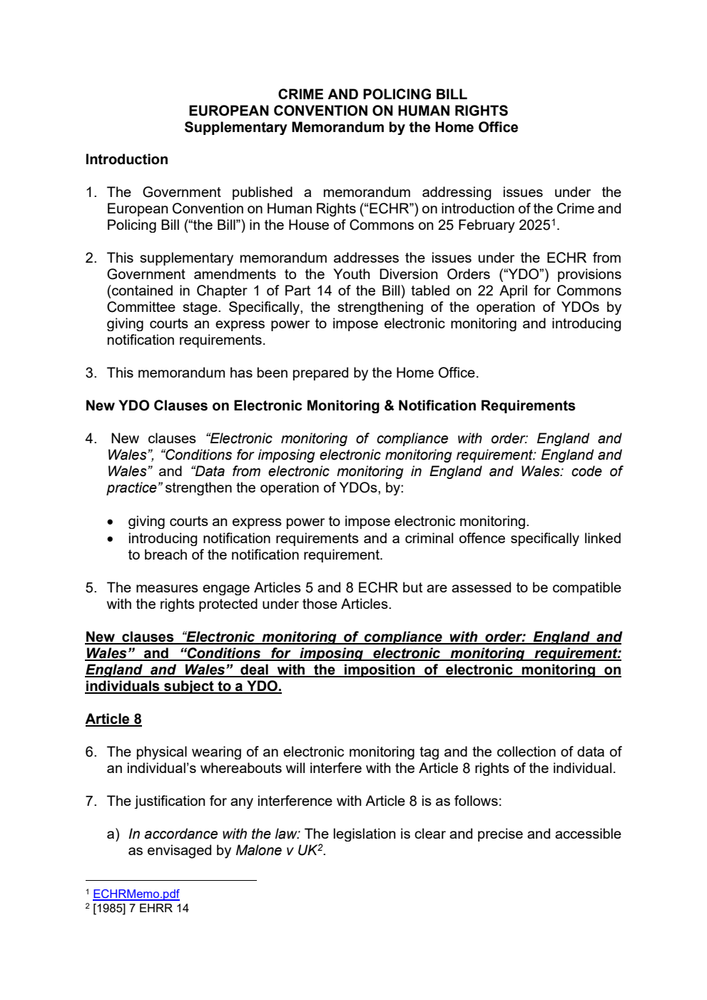 Crime and Policing Bill - European Convention on Human Rights Supplementary Memorandum by the Home Office. April 2025