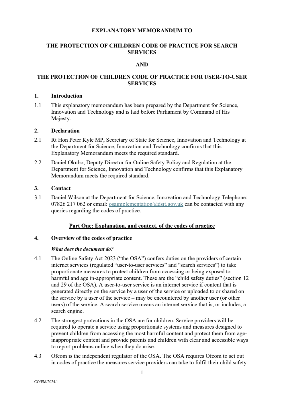 Explanatory Memorandum to the Protection of Children Code of Practice for search services and the Protection of Children Code of Practice for user-to-user services