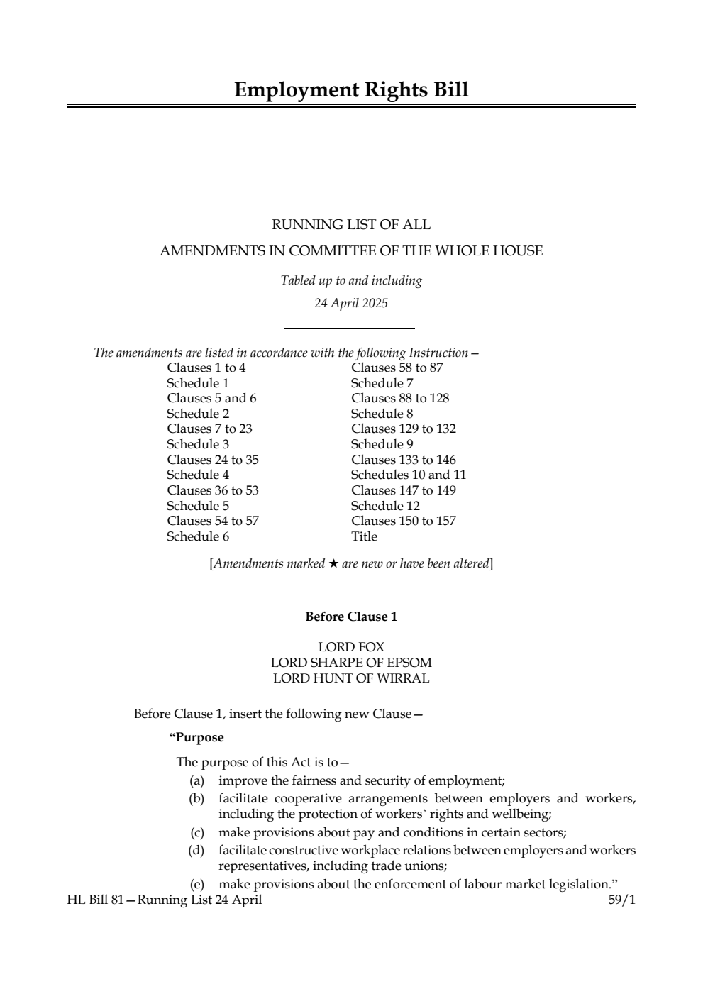 Employment Rights Bill Running List of all amendments in Committee of the Whole House tabled up to and including 24 April 2025
