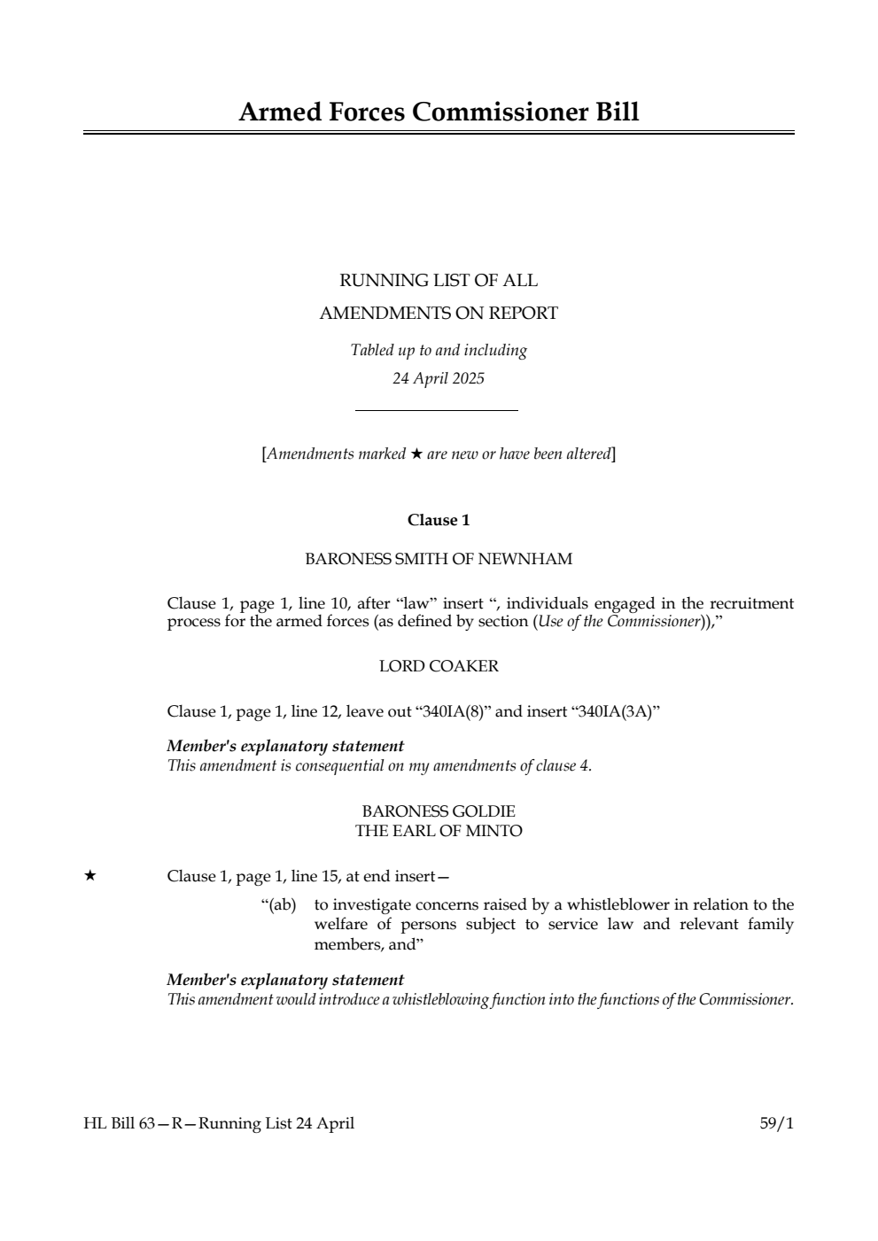 Armed Forces Commissioner Bill Running List of all amendments on report tabled up to and including 24 April 2025