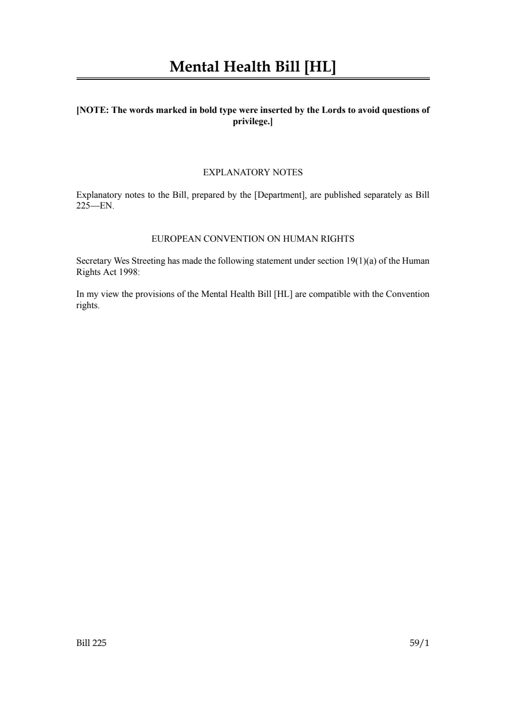 Mental Health Bill [as brought from the Lords]