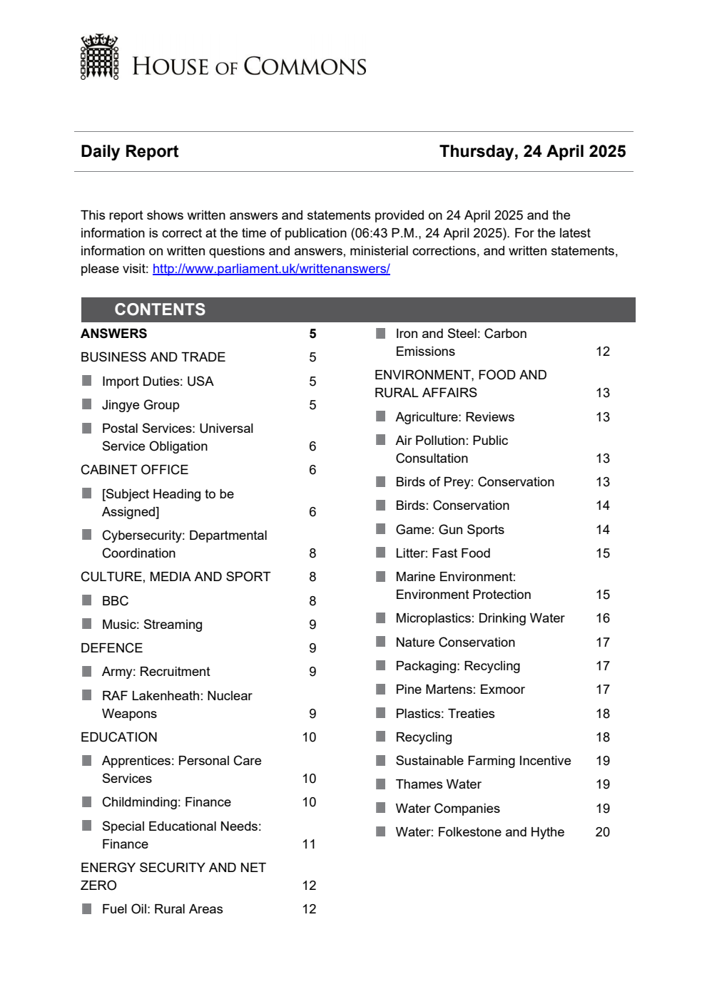 HOC Daily Report Written Statements and Answers 24.04.25