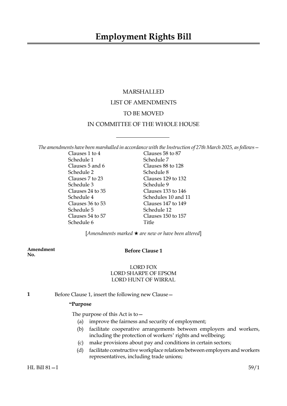 Employment Rights Bill Marshalled List of amendments to be moved in Committee of the Whole House