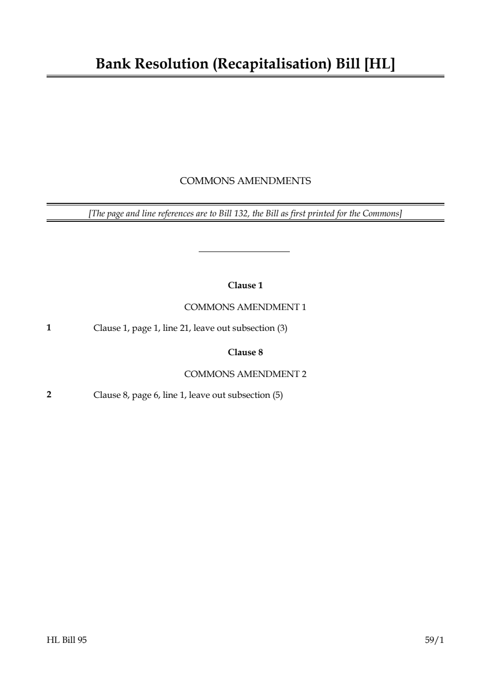 Bank Resolution (Recapitalisation) Bill Commons amendments