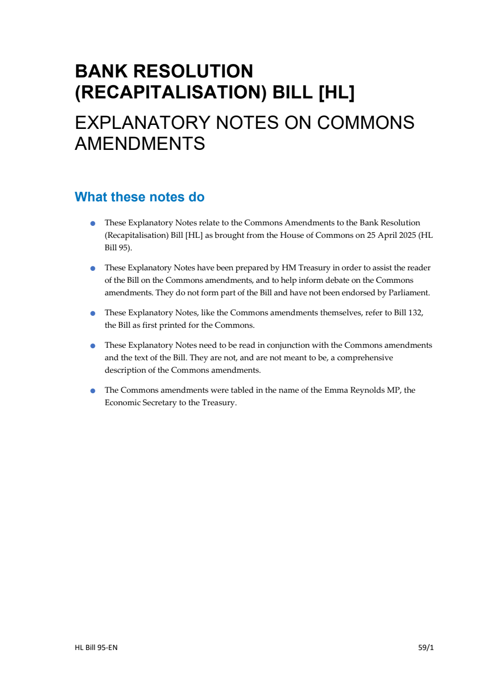 Bank Resolution (Recapitalisation) Bill Explanatory Notes on Commons amendments