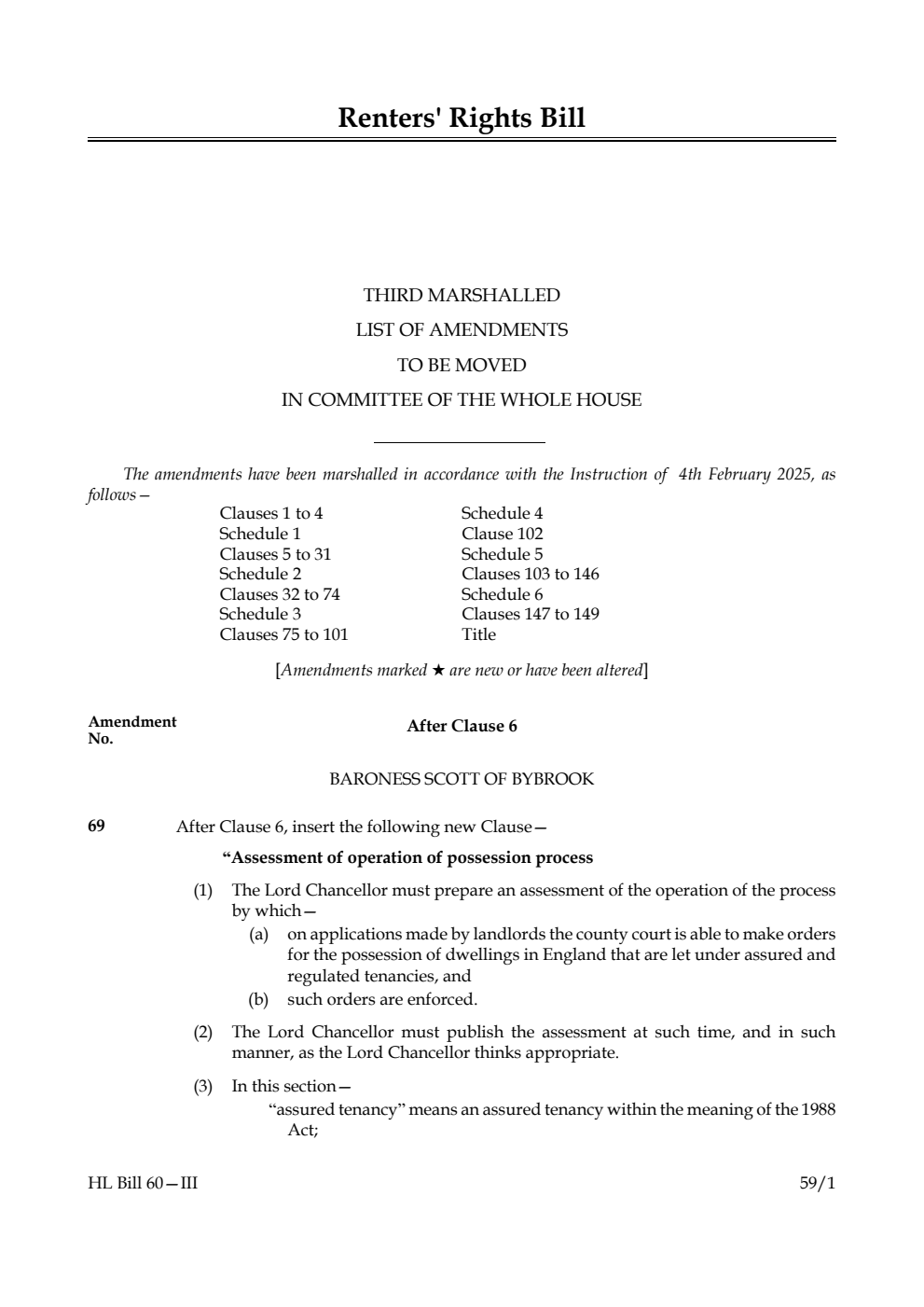 Renters' Rights Bill Third Marshalled List of amendments to be moved in Committee of the Whole House