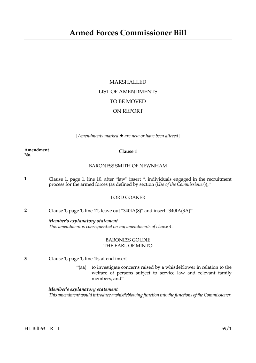 Armed Forces Commissioner Bill Marshalled List of amendments to be moved on report