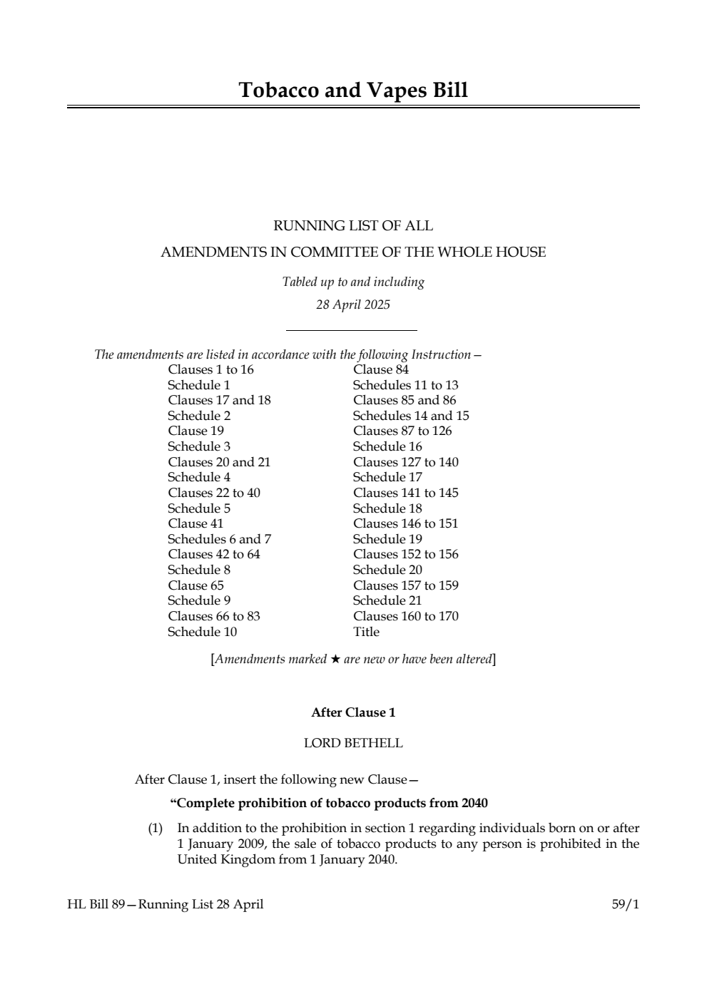 Tobacco and Vapes Bill Running List of all amendments in Committee of the Whole House tabled up to and including 28 April 2025