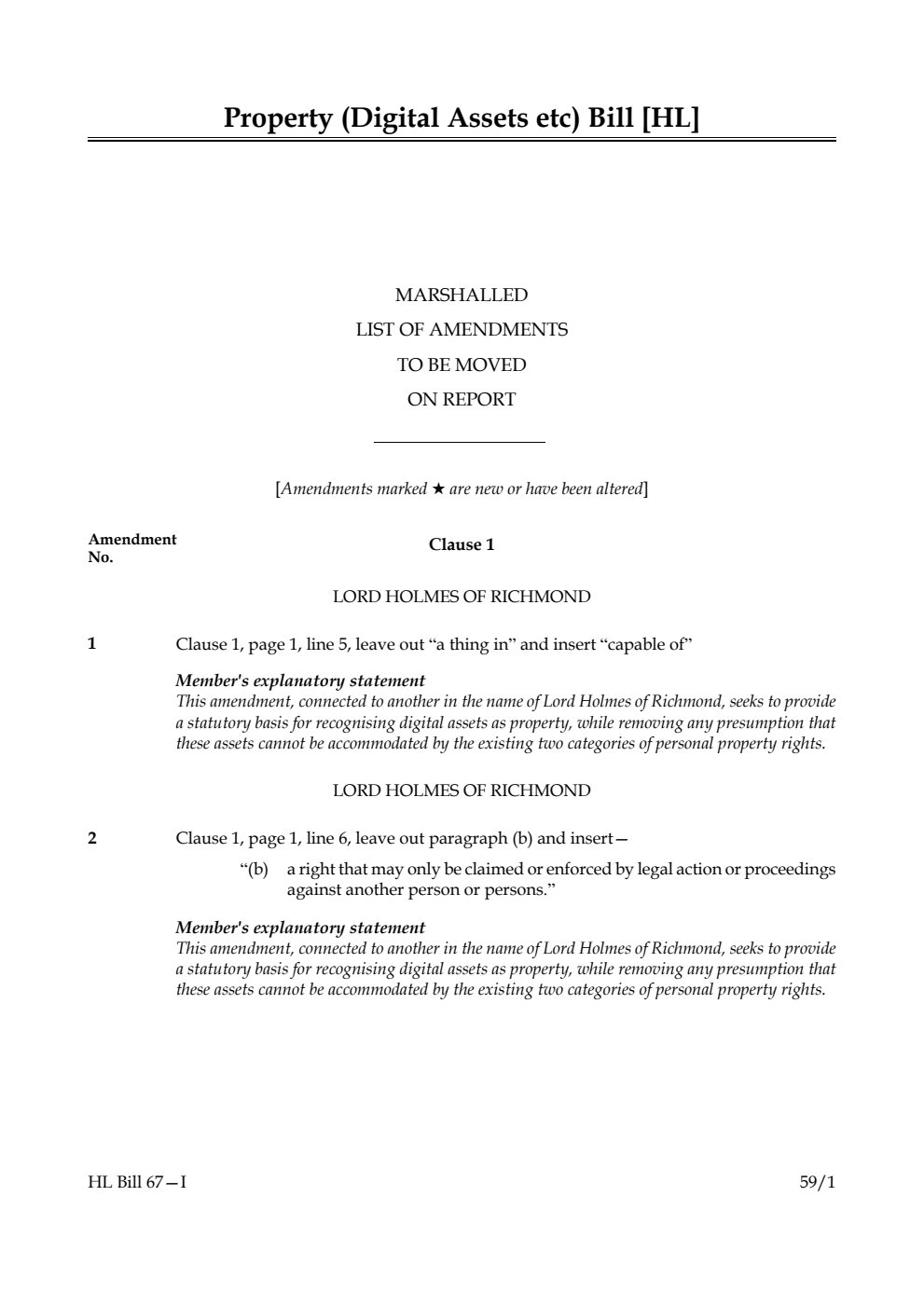 Property (Digital Assets etc) Bill Marshalled List of amendments to be moved on report