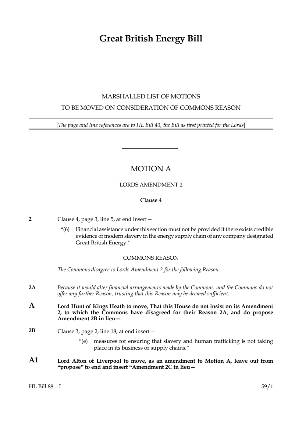 Great British Energy Bill Marshalled List of motions to be moved on consideration of Commons reason