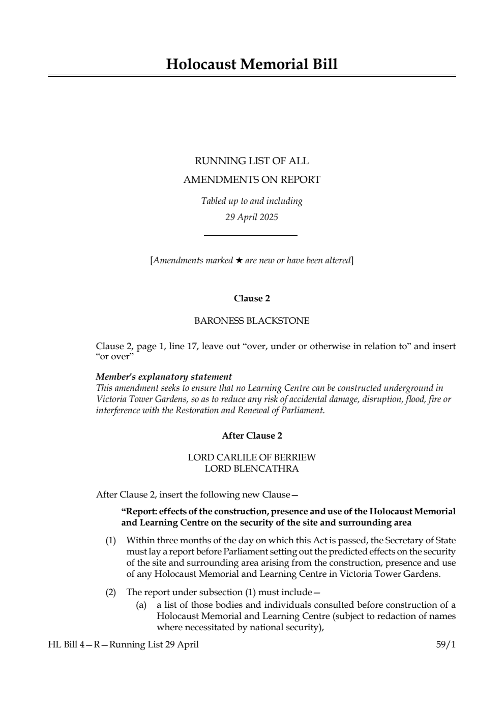 Holocaust Memorial Bill Running List of all amendments on report tabled up to and including 29 April 2025