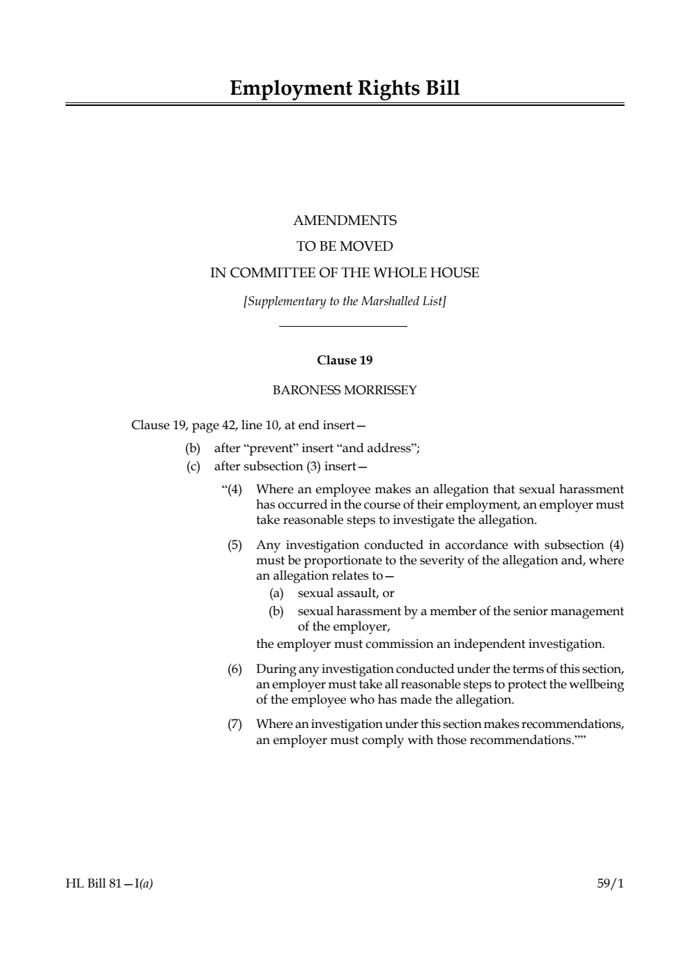 Employment Rights Bill Amendments to be moved in Committee of the Whole House [Supplementary to the Marshalled List] 