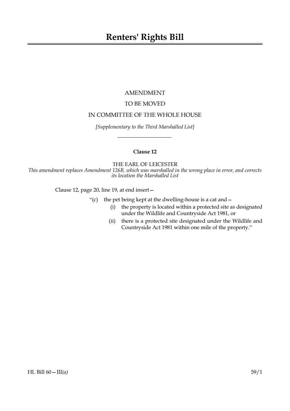 Renters' Rights Bill Amendment to be moved in Committee of the Whole House [Supplementary to the Third Marshalled List]