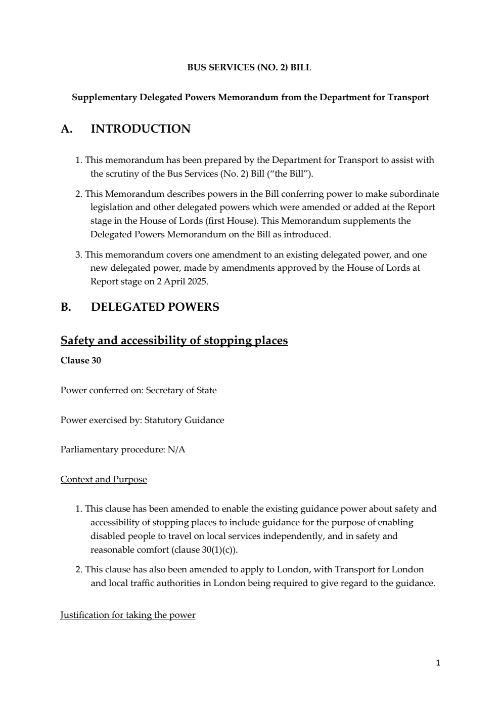 Bus Services (No. 2) Bill Second Supplementary Delegated Powers Memorandum from the Department for Transport