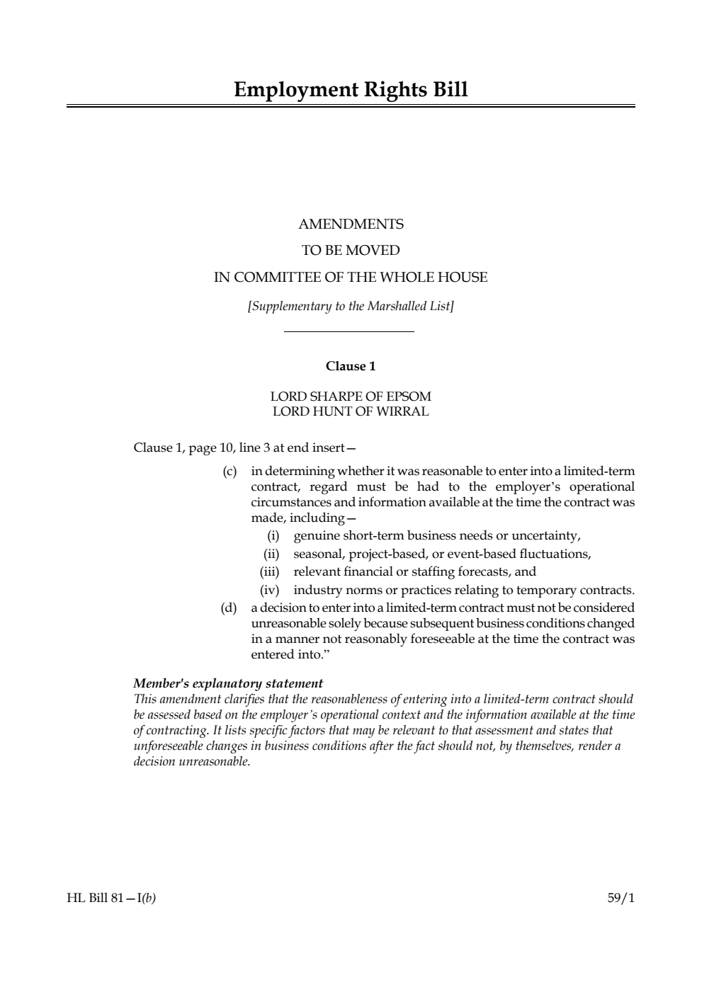 Employment Rights Bill Amendments to be moved in Committee of the Whole House [Supplementary to the Marshalled List]