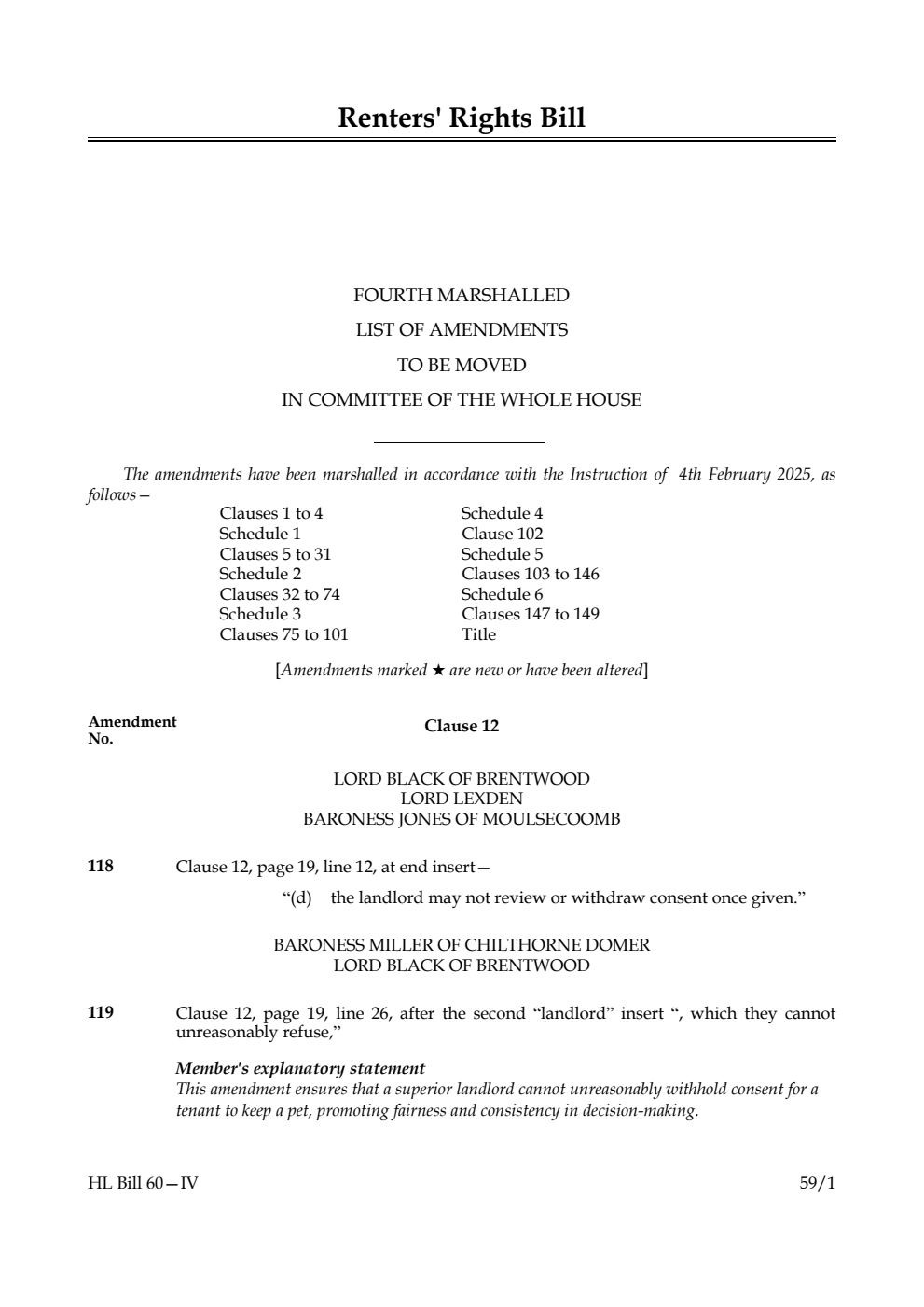 Renters' Rights Bill Fourth Marshalled List of amendments to be moved in Committee of the Whole House