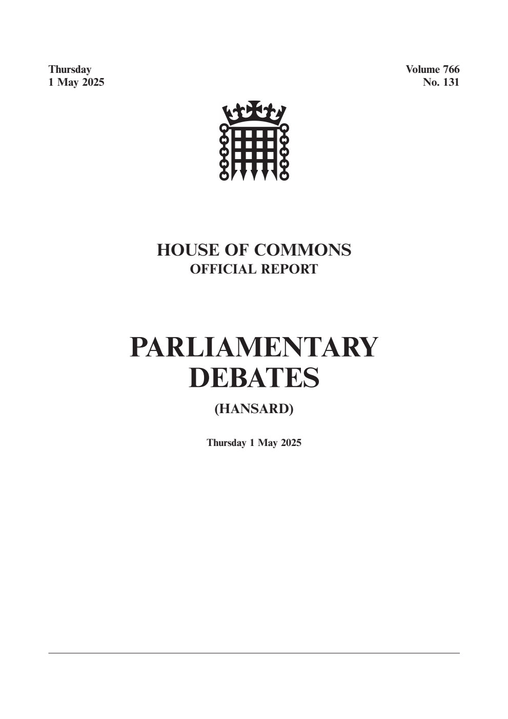 HOC Daily Hansard Vol. 766, No. 131 01.05.25