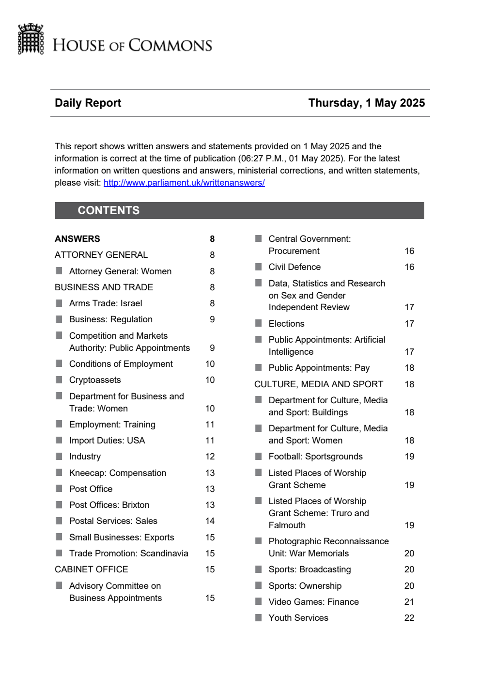 HOC Daily Report Written Statements and Answers 01.05.25