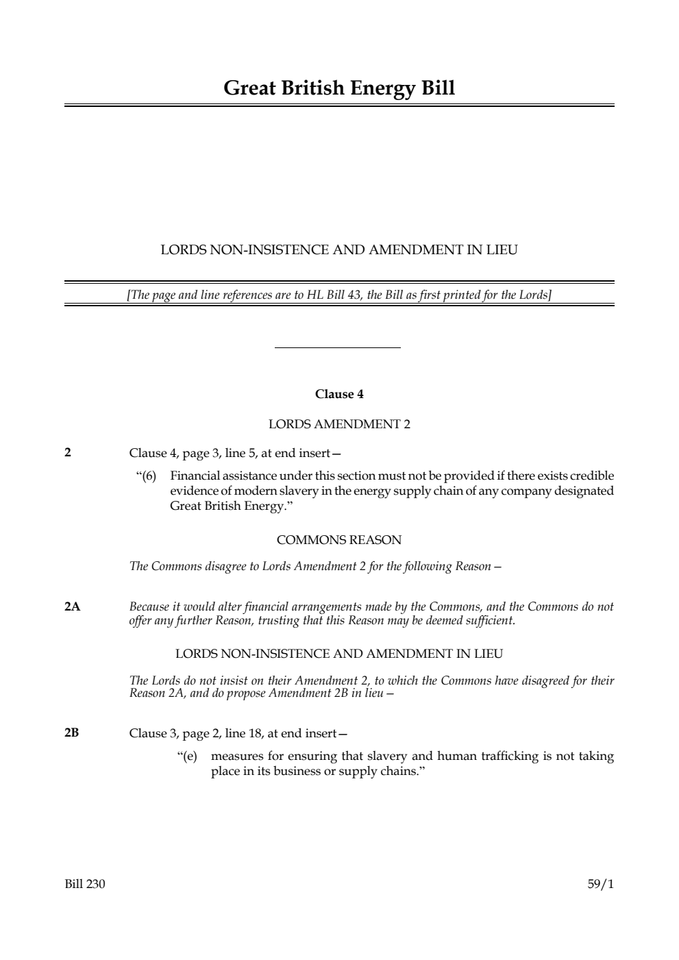 Great British Energy Bill Lords non-insistence and amendment in lieu