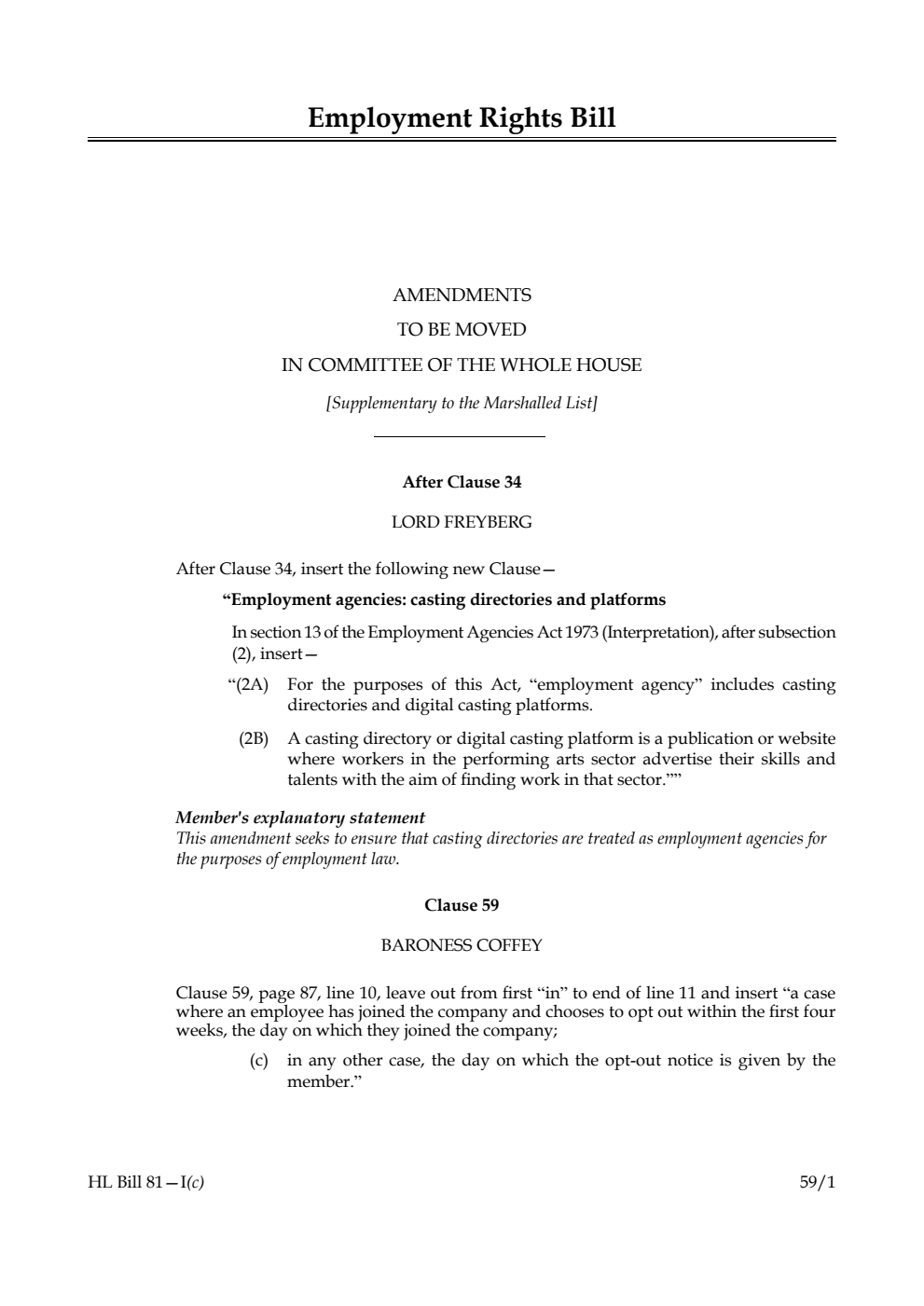 Employment Rights Bill Amendments to be moved in Committee of the Whole House [Supplementary to the Marshalled List]