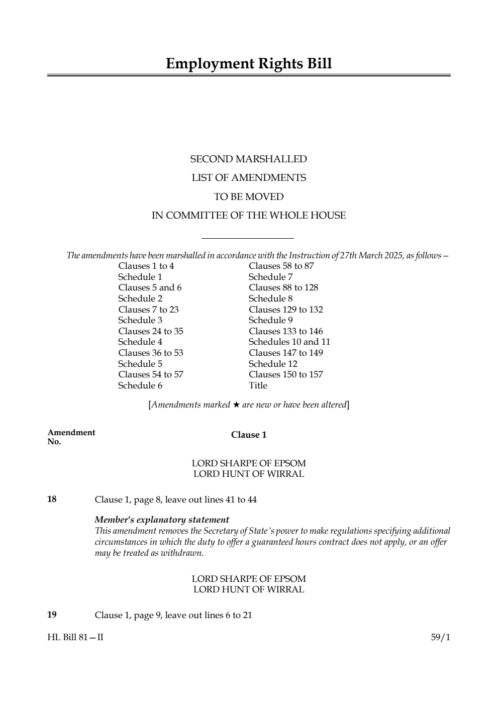 Employment Rights Bill Second Marshalled List of amendments to be moved in Committee of the Whole House