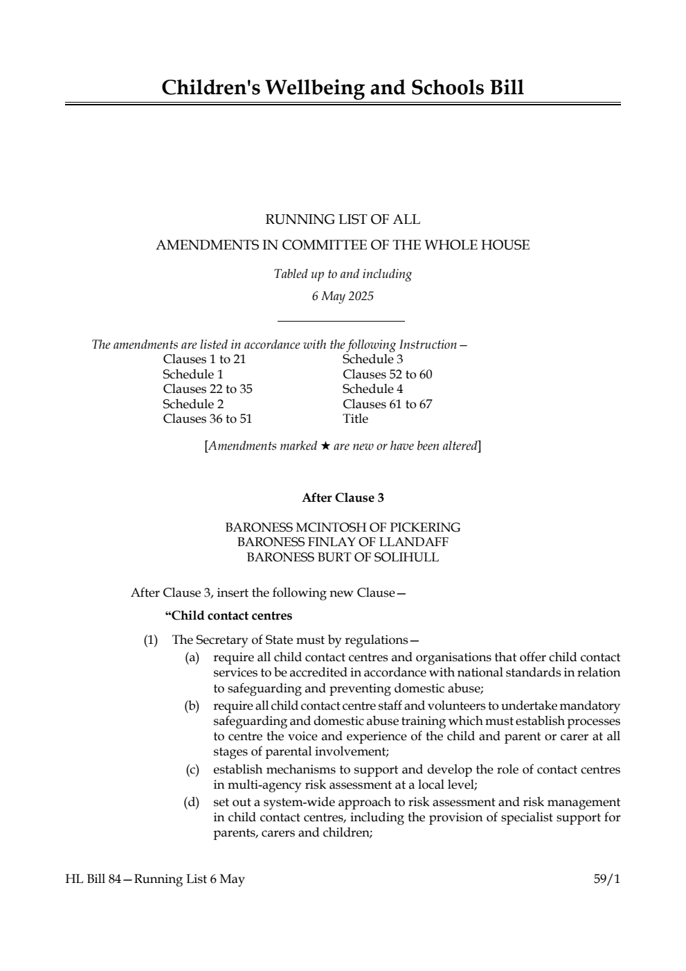 Children's Wellbeing and Schools Bill Running List of all amendments in Committee of the Whole House tabled up to and including 6 May 2025