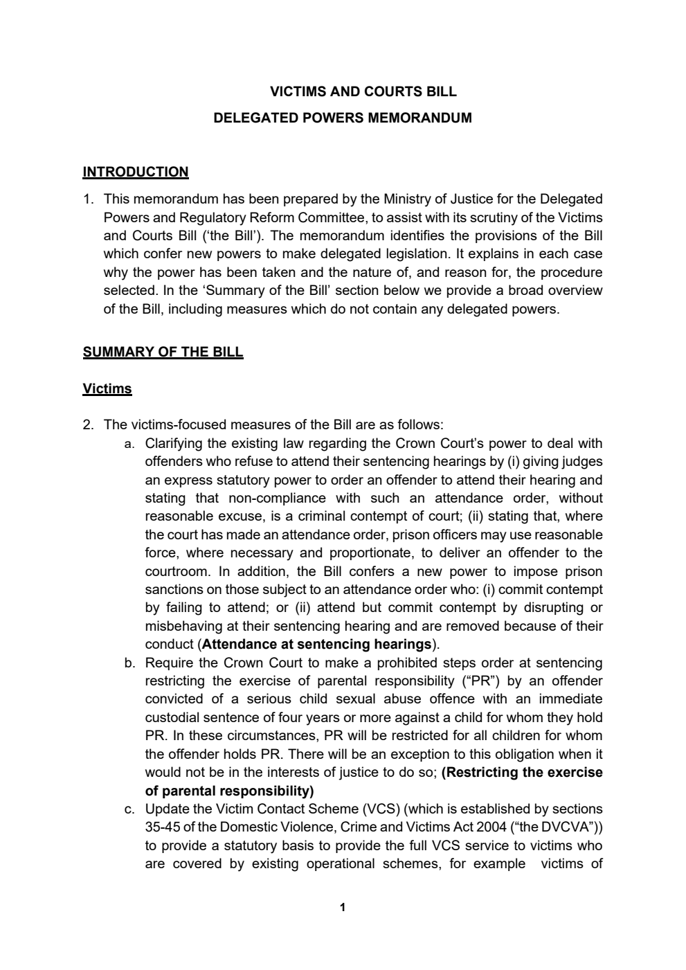 Victims and Courts Bill - Delegated Powers Memorandum from the Ministry of Justice
