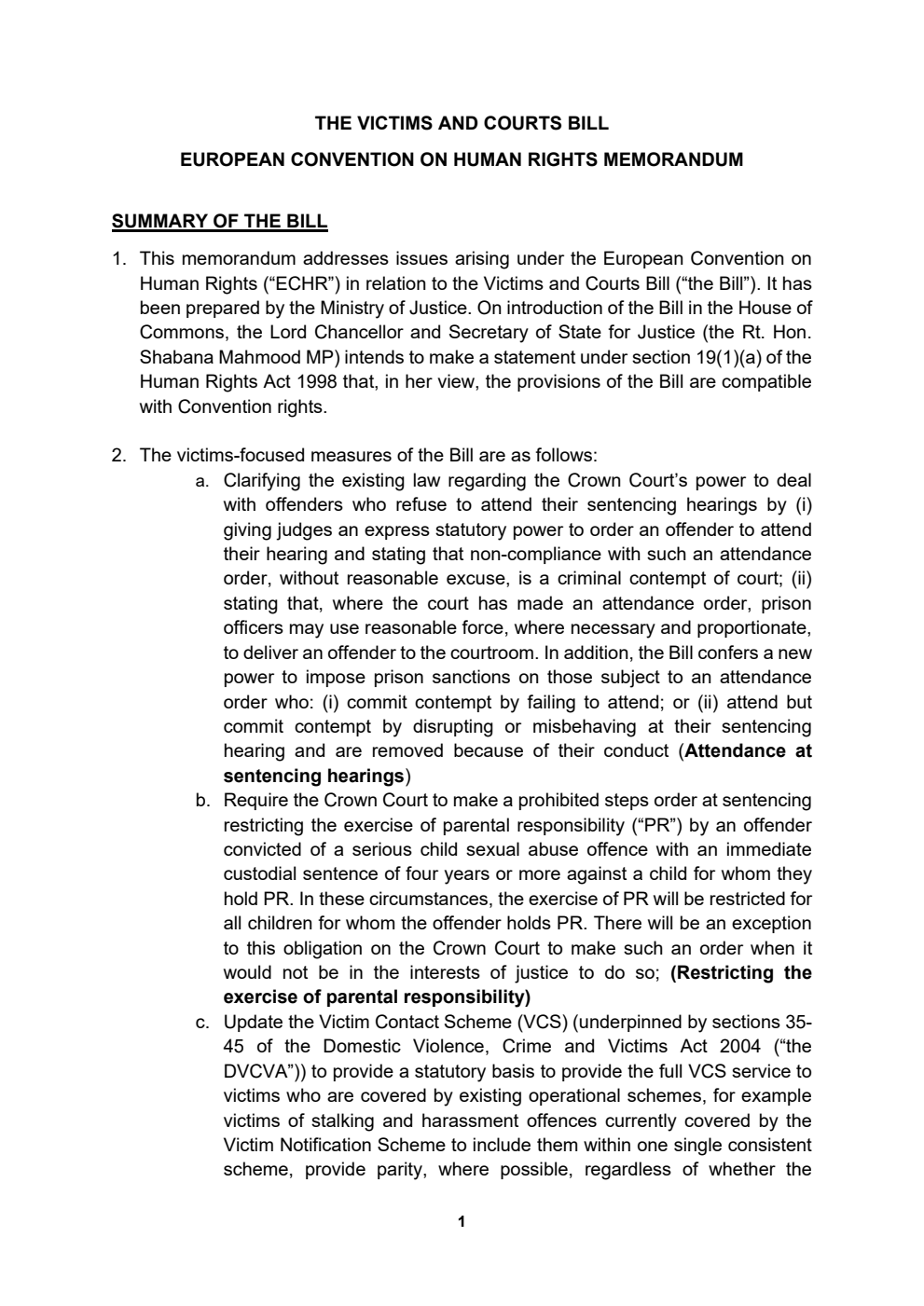 Victims and Courts Bill - European Convention on Human Rights Memorandum