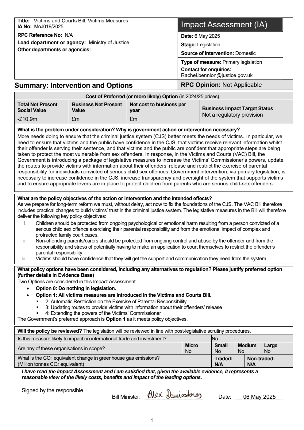 Victims and Courts Bill - Victims Measures Impact Assessment from the Ministry of Justice