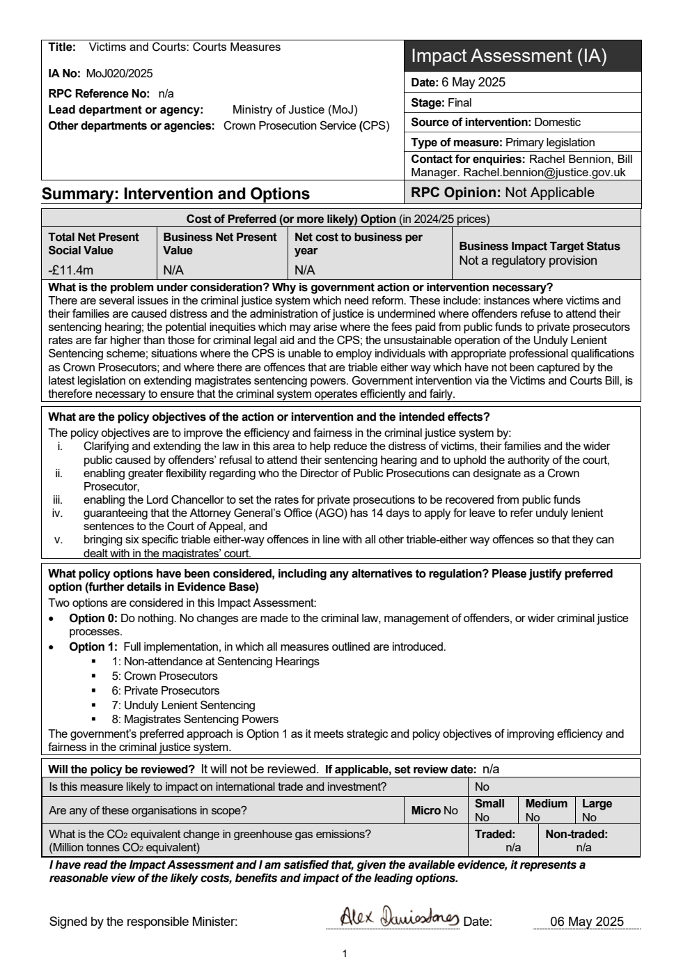 Victims and Courts Bill - Courts Measures Impact Assessment from the Ministry of Justice