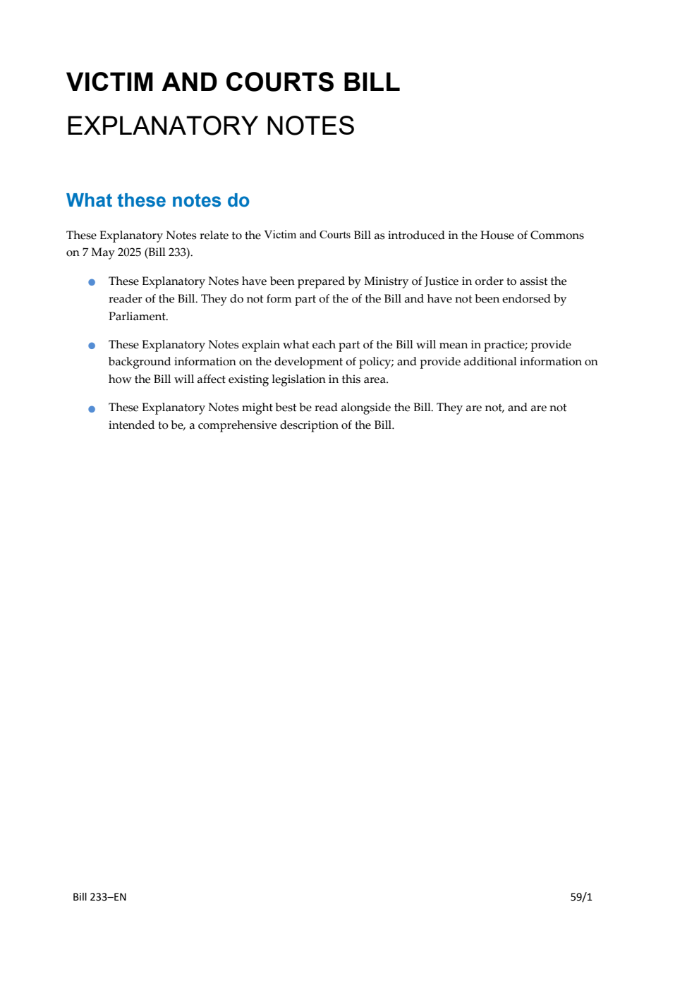 Victims and Courts Bill Explanatory Notes