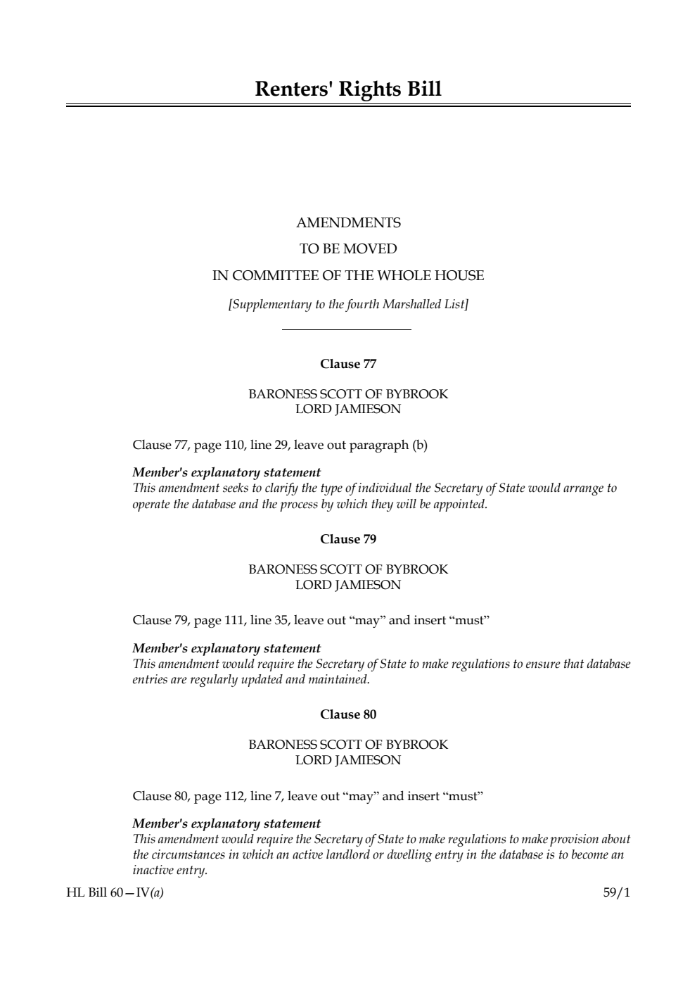 Renters' Rights Bill Amendments to be moved in Committee of the Whole House [Supplementary to the fourth Marshalled List]