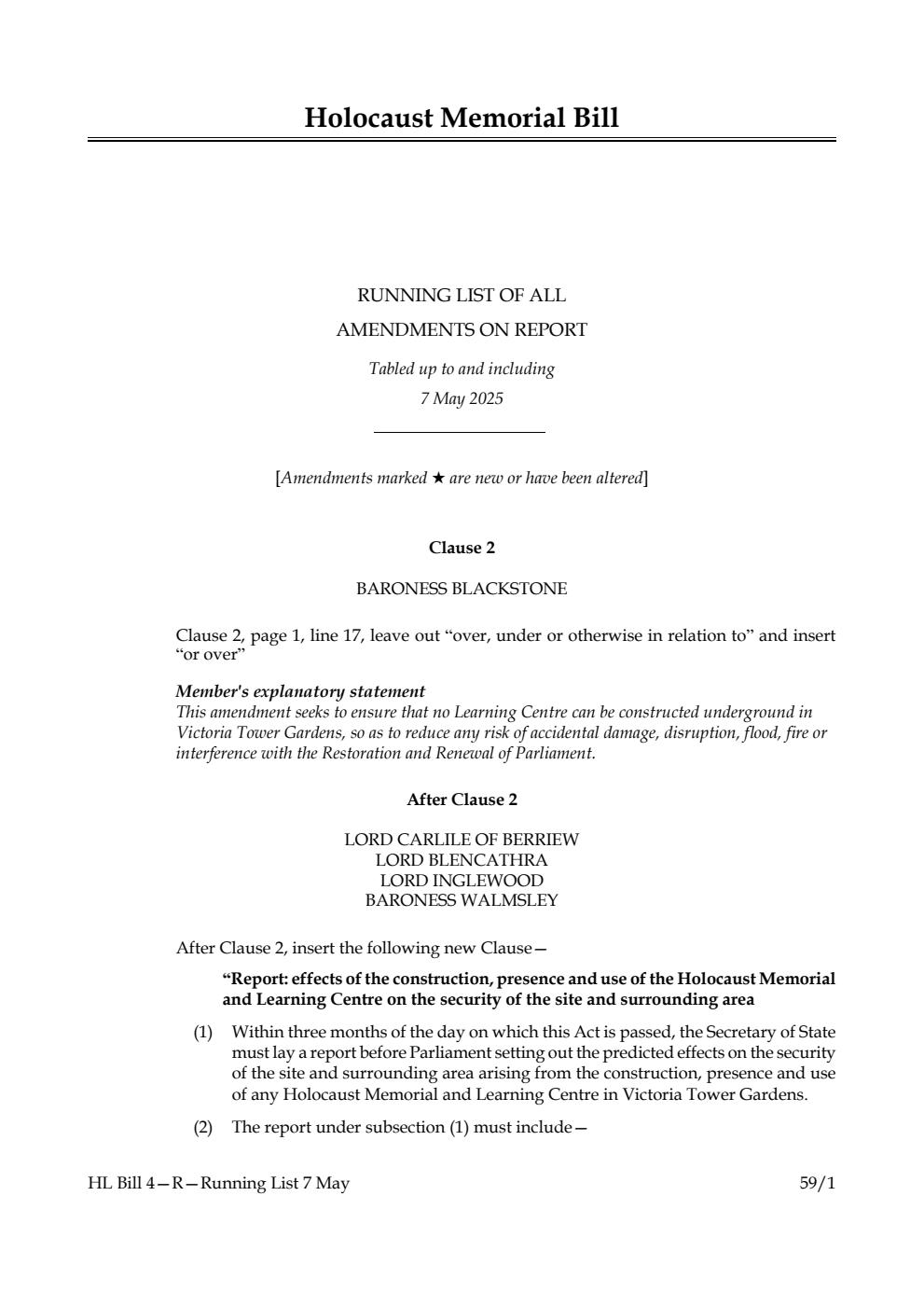 Holocaust Memorial Bill Running List of all amendments on report tabled up to and including 7 May 2025