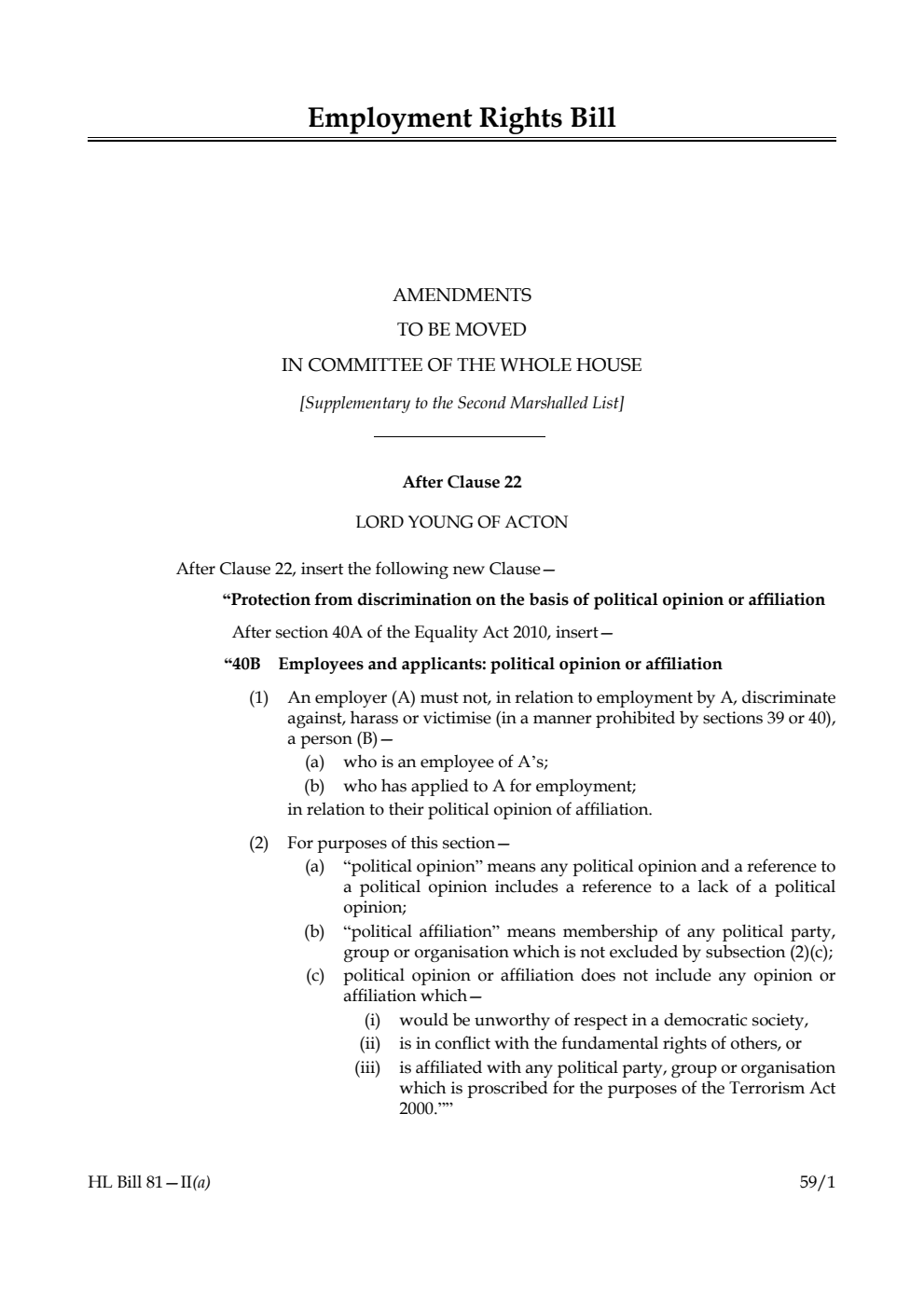 Employment Rights Bill Amendments to be moved in Committee of the Whole House [Supplementary to the Second Marshalled List] 