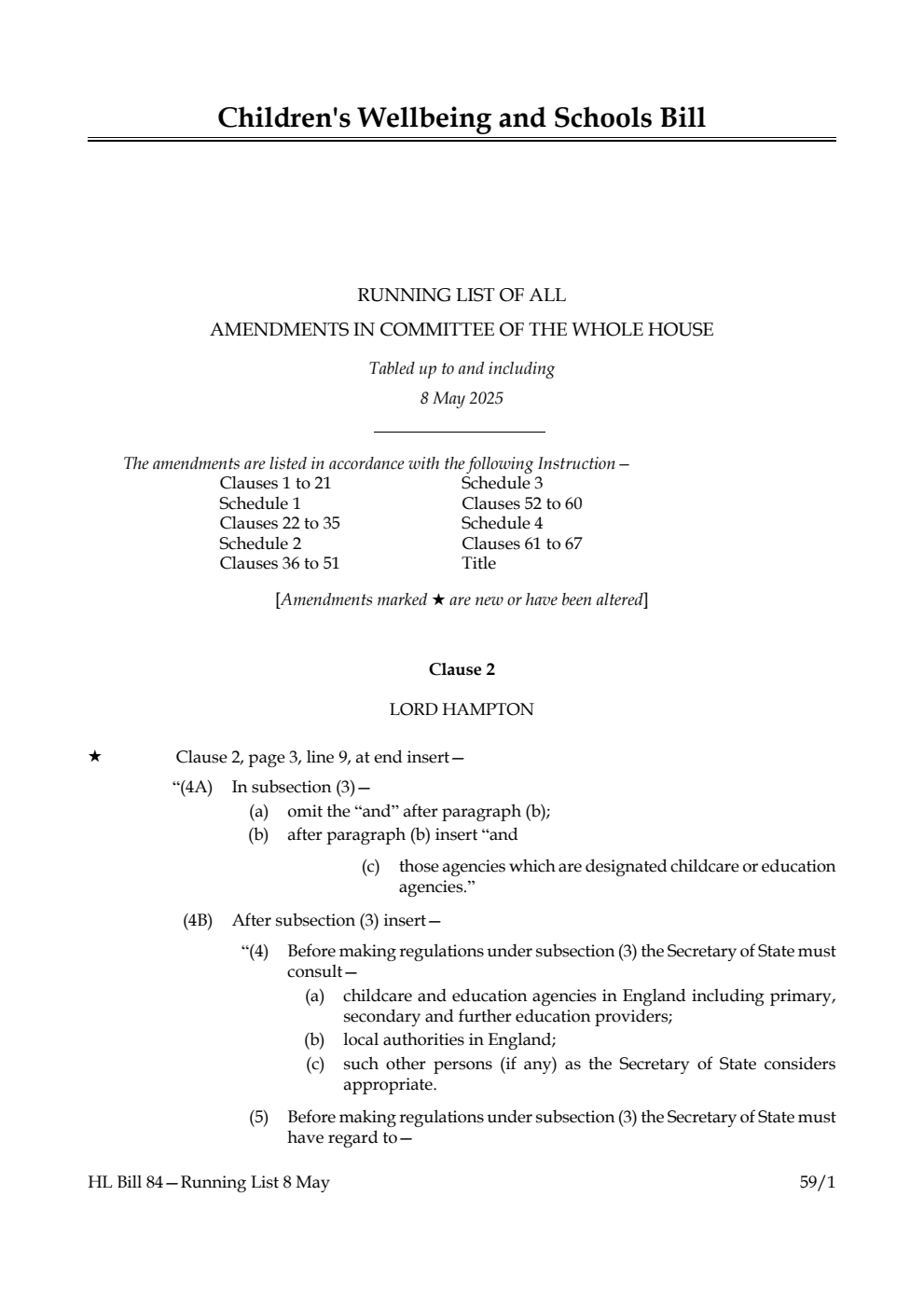 Children's Wellbeing and Schools Bill Running List of all amendments in Committee of the Whole House tabled up to and including 8 May 2025